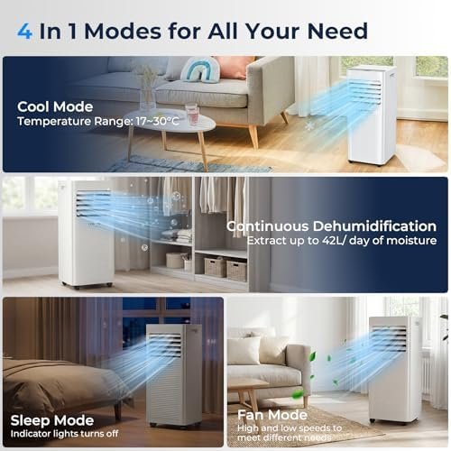 9000 BTU Portable Air Conditioner, 4-in-1 Cooling, Dehumidifier, Fan & Sleep Mode, Remote Control, 24-Hour Timer, Exhaus
